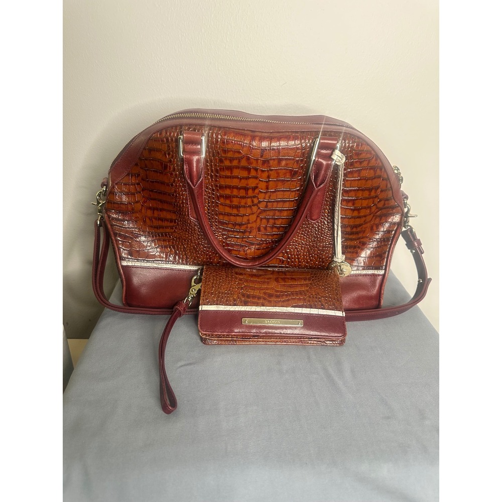 Brahmin Burgundy Brown Croc Embossed Leather Satchel Handbag and Wallet Set - Picture 2 of 16